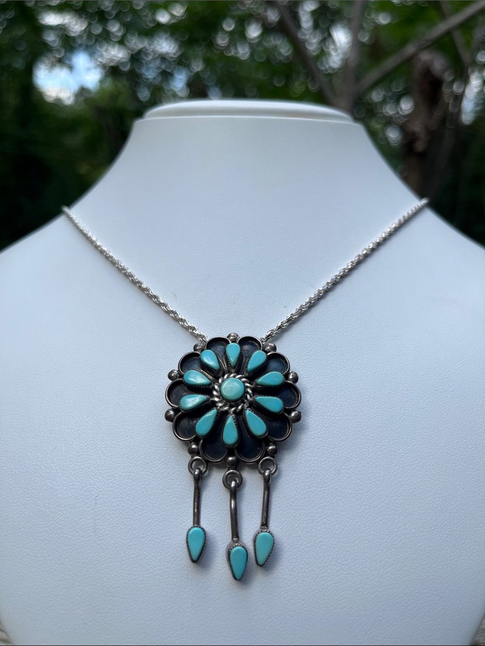 Vintage Zuni Southwestern Turquoise Cluster Pendant Silver Necklace